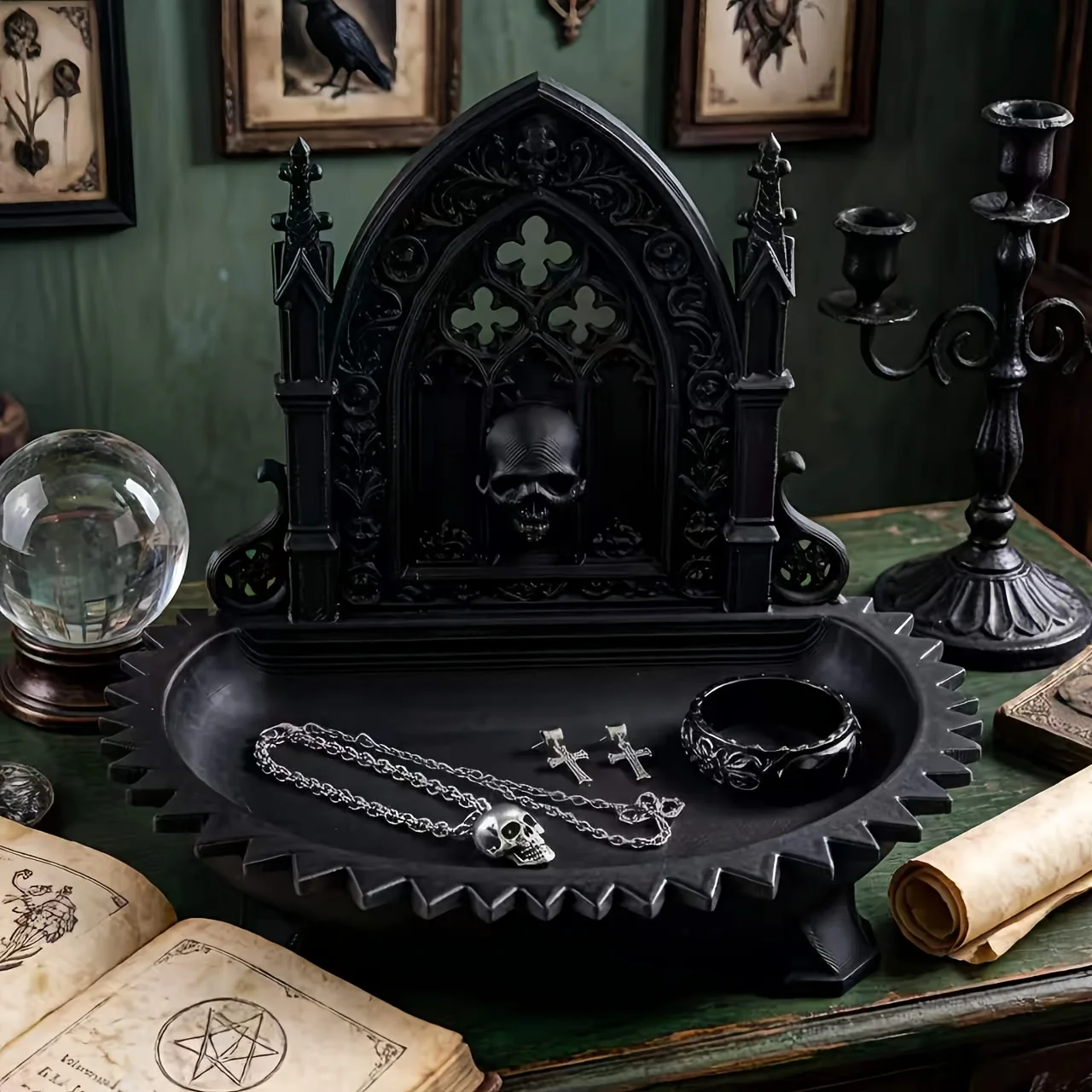 1-Piece Gothic Church Skull Jewelry Storage Tray, Dark Retro Desktop Organizer, Necklace, Ring, Earring, Bracelet Organizer Tray, Suitable for Dressing Table, Bedroom, Desk, Entryway, Living Room Decoration, Can Be Used as a Jewelry Display Tray, Key and Miscellaneous Item Storage, Halloween, Christmas, Birthday, Anniversary, Housewarming Gift, European Home Aesthetic Style Gift