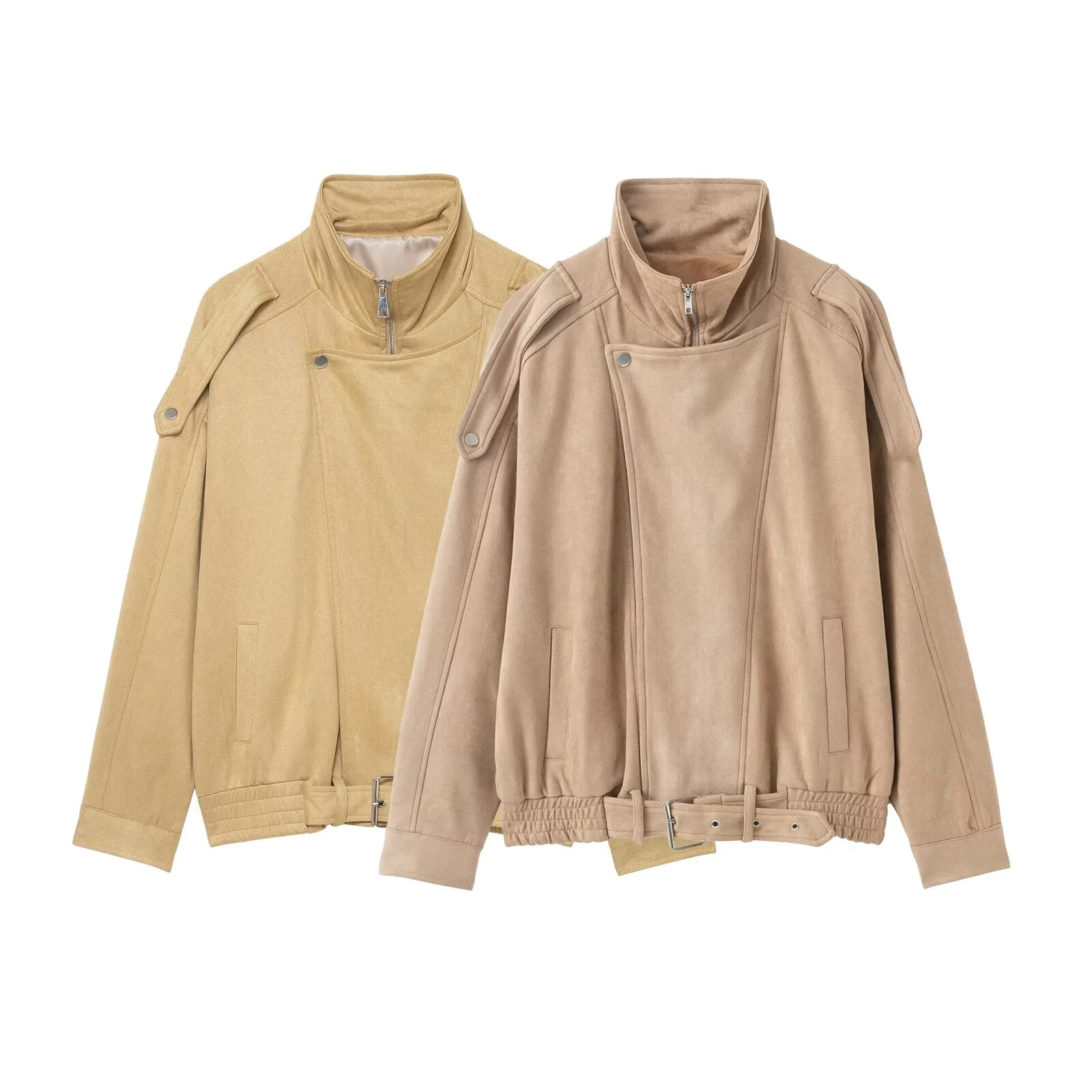 Faionable Suède Rits Jaet Dames Herfst Winter Nieuwe Collectie Bovenkleding Polyester Vezel Lange Sve Opstaande Kraag Jas