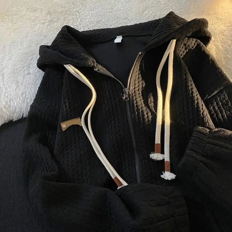 

High-quality Women's Jacket Fashion Loose Cardigan Wearing Waffle Ladies Coat Niche Fashion Brand Zipper Hooded Beautiful Coat