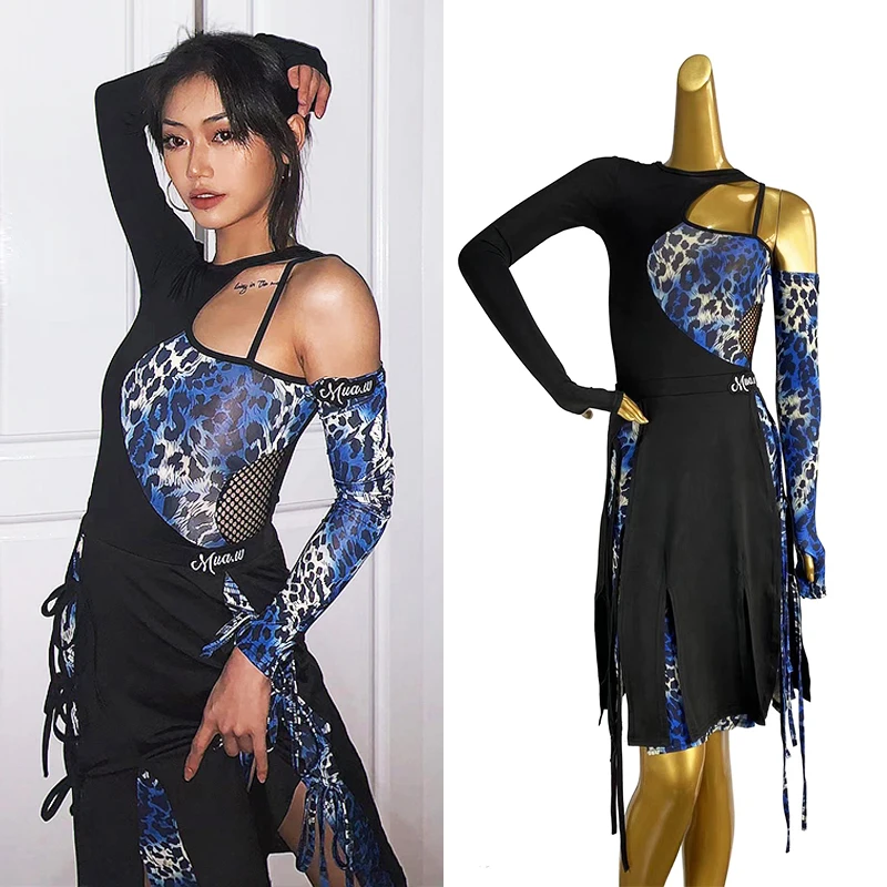 

Women Latin Dance Clothing Adult Dancing Performance Dress Samba Wear Line Dance Costume Blue Leopard Print Split Set XH2238
