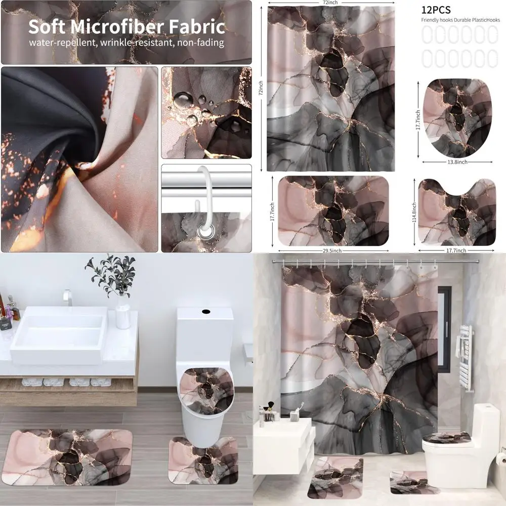 

4-Piece Pink Gold Marble Shower Curtain Set with Rugs, Modern Black Pink Gold Bathroom Decor, Includes Bath Mats and 12 Plastic