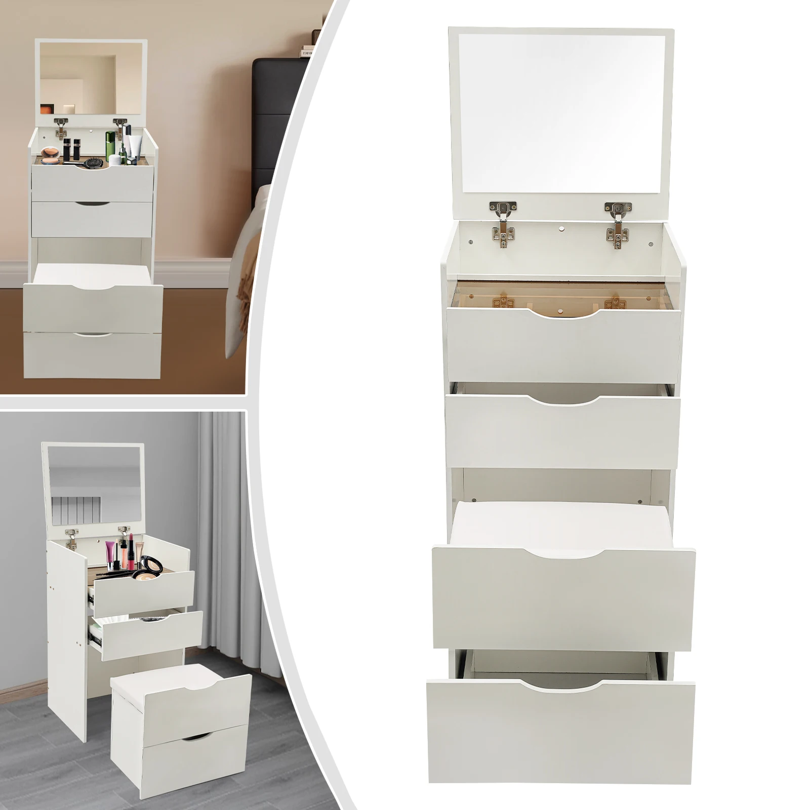 Bureau de coiffeuse 3 en 1 blanc crème moderne avec miroir rabattable, chaise cachée, coiffeuse de maquillage, coiffeuse de maquillage avec 3 tiroirs