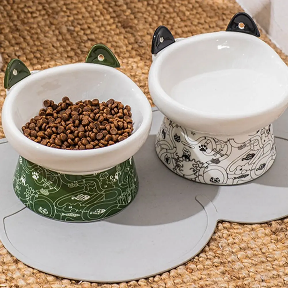 

Cute Ceramic Cat Bowl Large Capacity Anti Overturning Dog Food Feeding Basin with Cat Ear Spoon Non-slip Pet Drinking Feeder