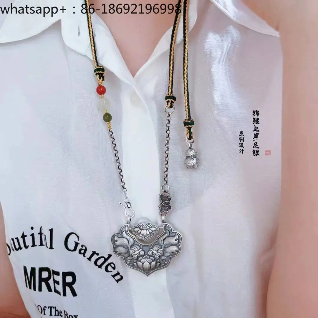 Double S Hook, Handmade Braided Rope, Long Necklace, Pumpkin Silver Beads, Silver Gourd Accessories, Hetian Jade.