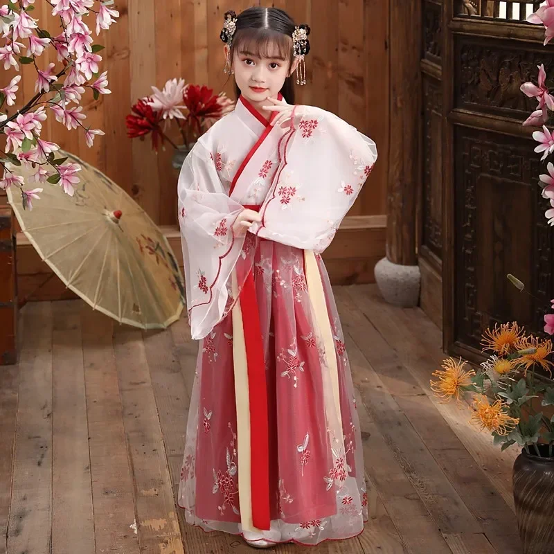 Ropa de Año Nuevo de danza folclórica china rosa, hanfu tradicional para niños, niñas, vestido de dragón, disfraz de Carnaval de escenario antiguo