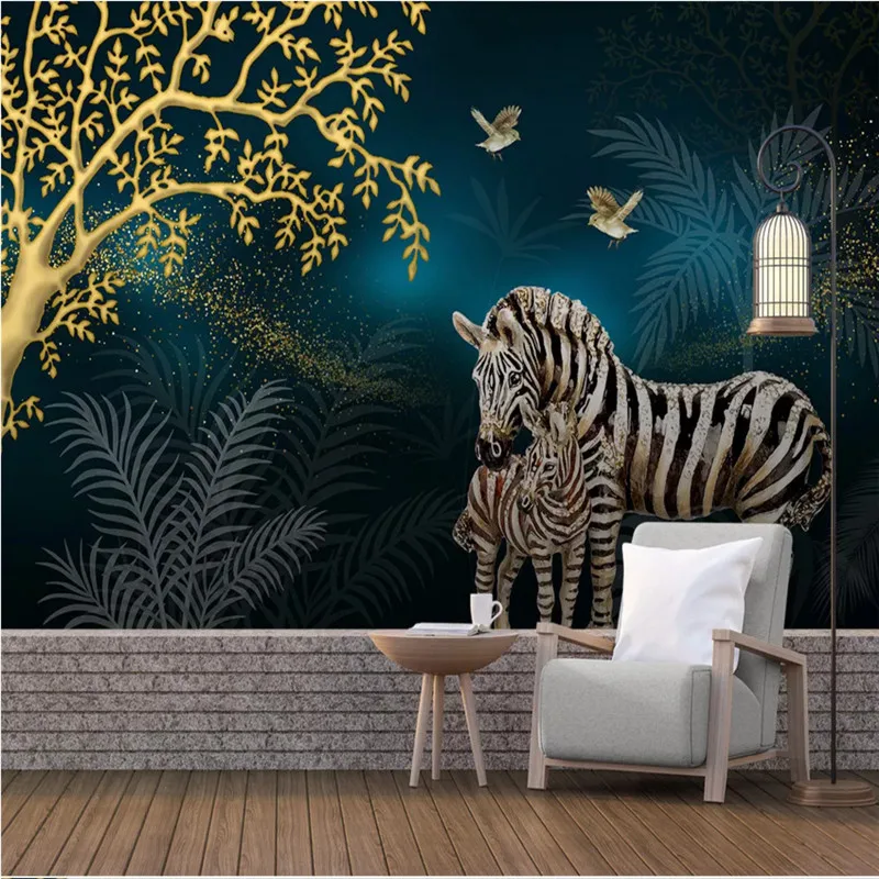 Modern Light Luxury Golden Fortune Tree Mother and Son Zebra Dark Blue Background Mural Wallpaper 3D Wall Papers Home Decor