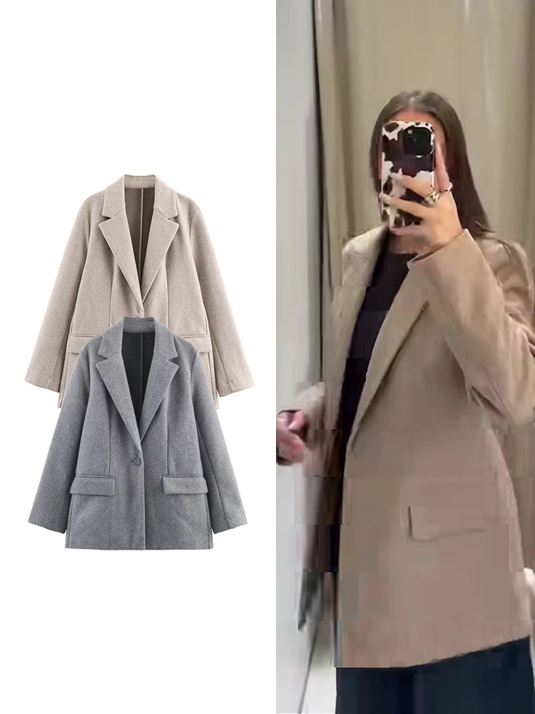 

Women Elegant Wool Suit Coats Fashion Lapel Single Button Long Sleeve Coat 2025 Autumn New Female Commute Street Outerwear