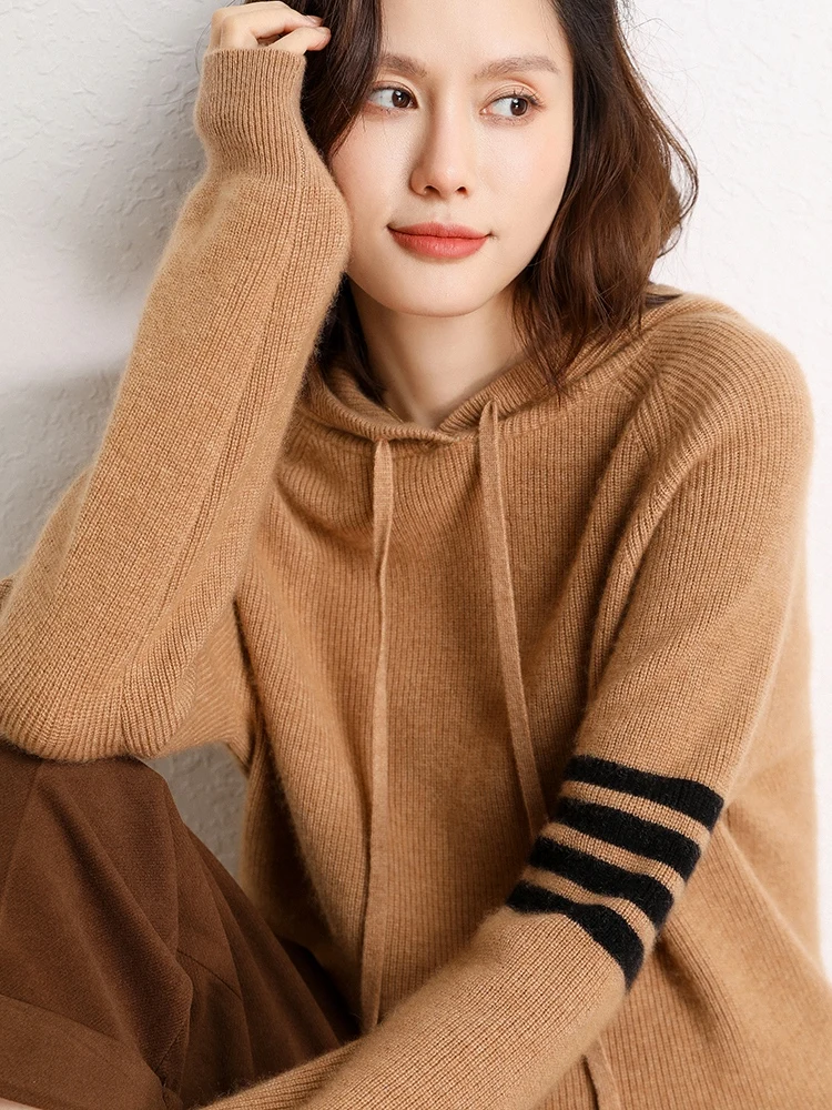 Classic Style Autumn Women's Knitting Cashmere Pullover Yuanbao Needle Hooded Sweater Loose High-Quality Comfortable Tops