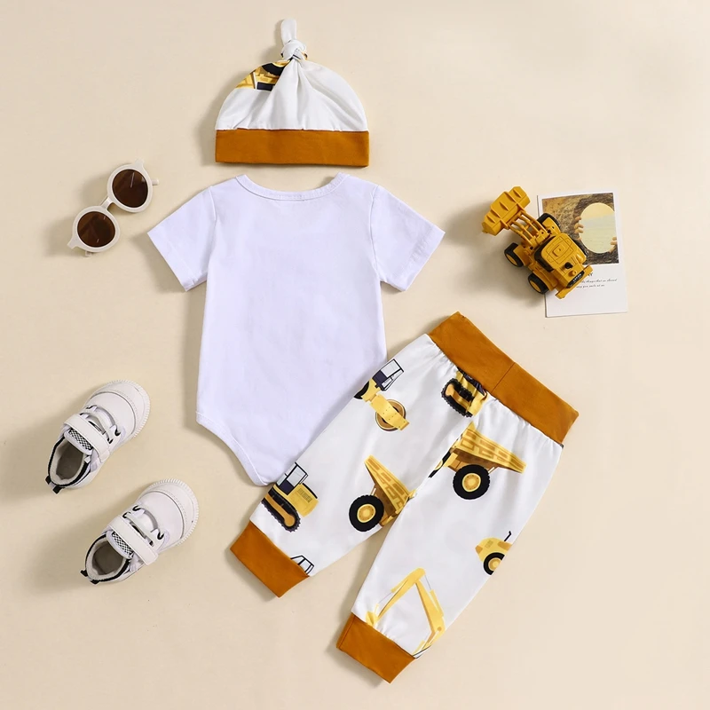 

Baby Boy Summer Outfit Letter Print Short Sleeves Romper and Elastic Digger Print Pants Beanies Hat Set 3 Piece Clothes