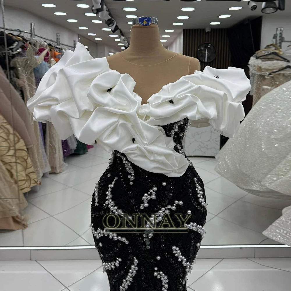 Customized Luxury Dubai Prom Dresses Off Shoulder for Women Pearls Saudi Arabia Gala Bespoke Party Gown Vestidos De Fiesta Plus