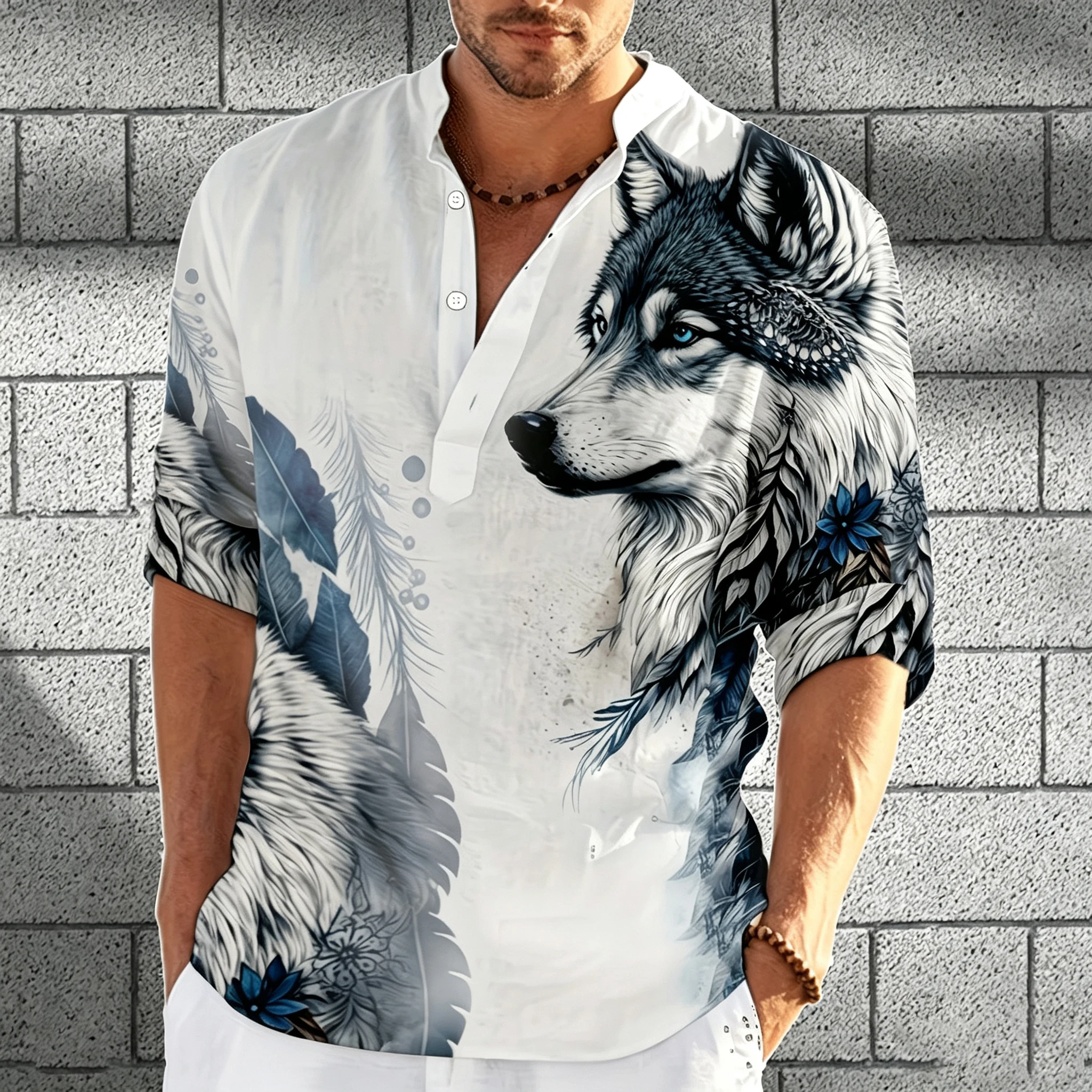 Men's stand-up collar three-quarter length Henley shirt with wolf head 3D print, breathable casual shirt, loose-fitting vacation