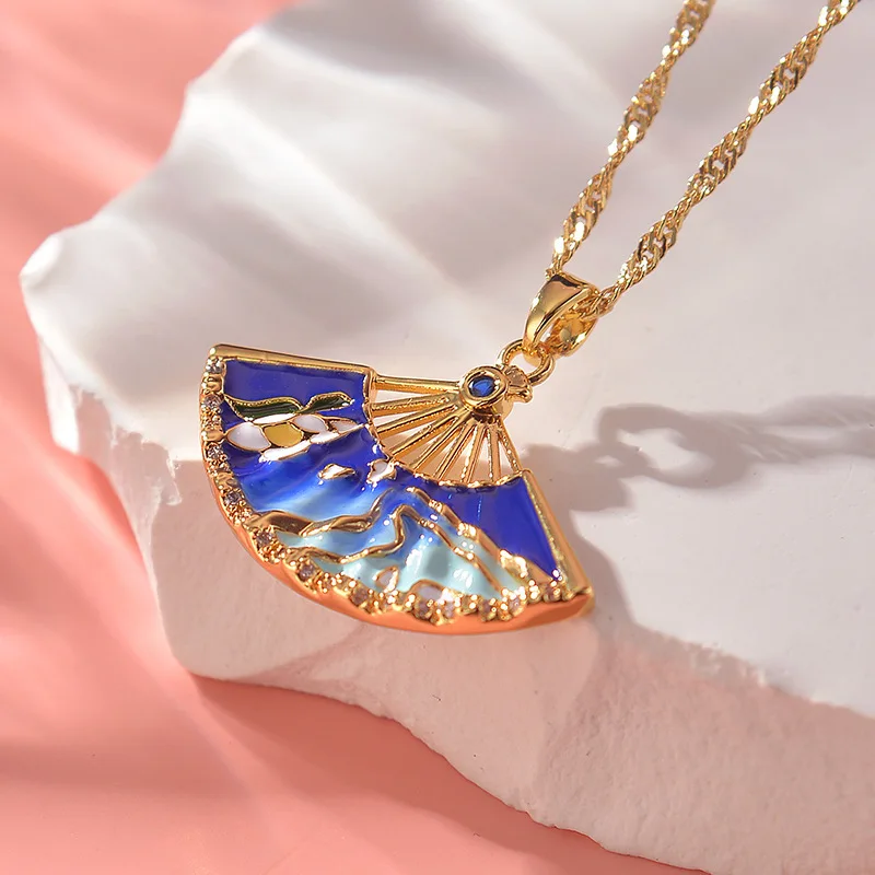 Original Design Blue Enamel Landscape Painting Fan Necklace floral Pendant Art Retro Sense Exquisite Jewelry for women Gift