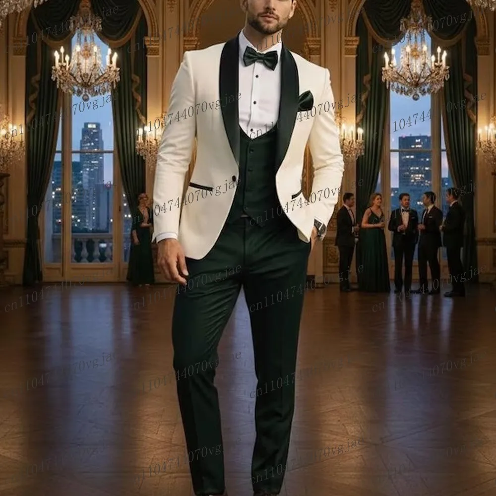 

Dark Green And White Men Suit Formal Wedding Party Groom Business Male Tuxedos Customized 3 Piece Set Jacket Vest Pants 01