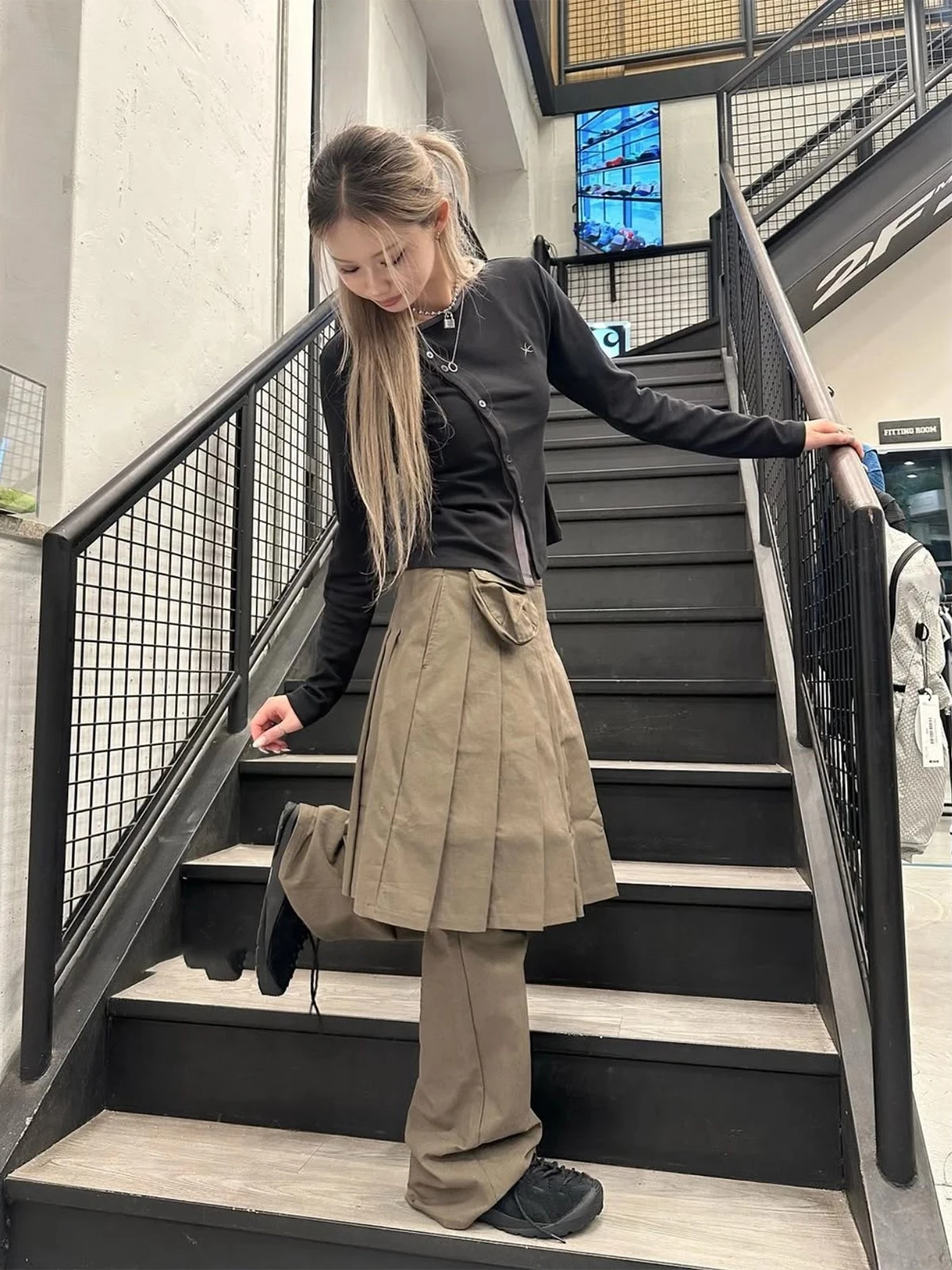 

Плиссированные брюки-юбка Bury с высокой талией, прямые, повседневные, имитация двух предметов, в корейском стиле, для женщин, осень-зима, модные