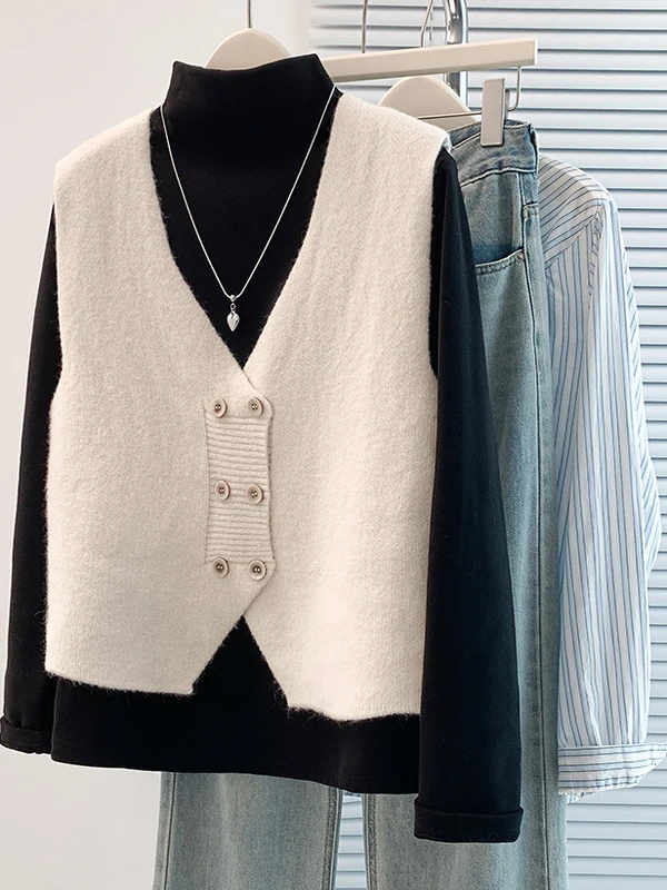 

Женский вязаный жилет с двумя рядами на пуговицах, свободный утягивающий свитер с v-образным вырезом, тюжет, осень-зима, новинка, модный универсальный свитер