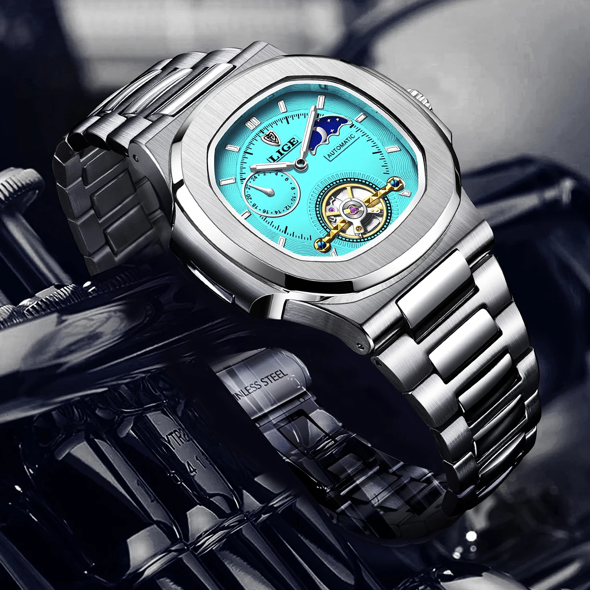 LIGE Dual Seconds Tourbillon Watch 24 Hour Mechanical Watch Men Stainless Steel Authentic Watch Night Glow Waterproof Mens Watch