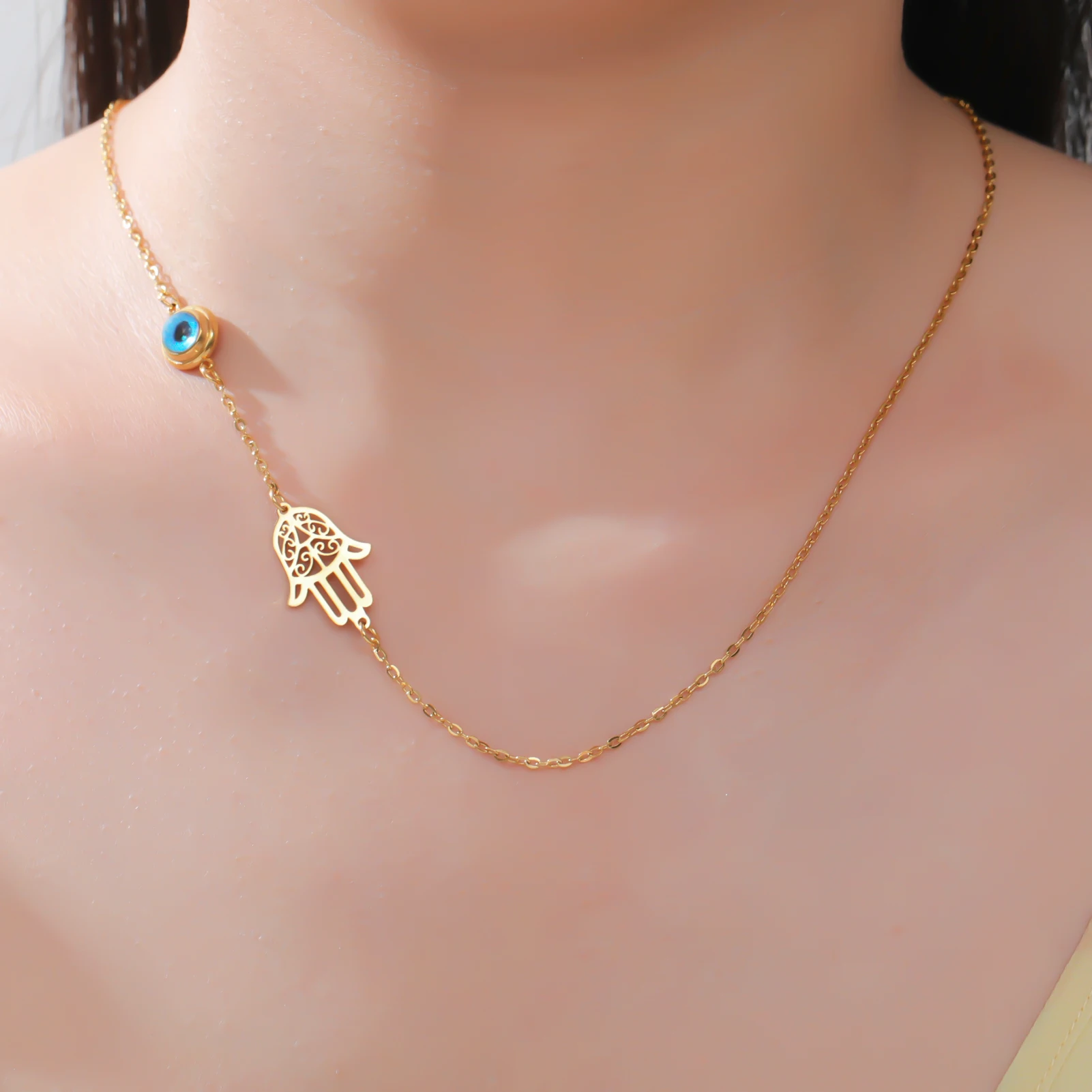 بلدي شكل التركية همسة عين الشر القلائد الفولاذ المقاوم للصدأ الجوف فاطمة اليد سلسلة المختنق موضة محظوظ مجوهرات اكسسوارات هدية