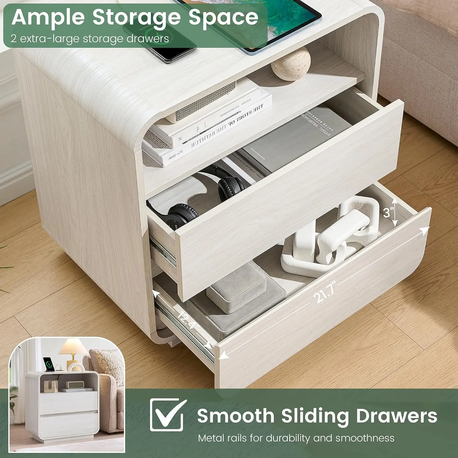 زوج من طاولات النوم الحديثة بعرض 23.2 مع قاعدة شحن وأدراج تخزين