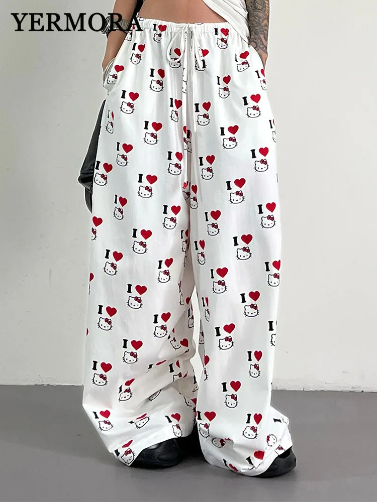 

YERMORA High Elastic Waist White Printed Drawstring Wide Leg Pants For Women Loose New Trousers Fahion Tide Spring Summer 2025