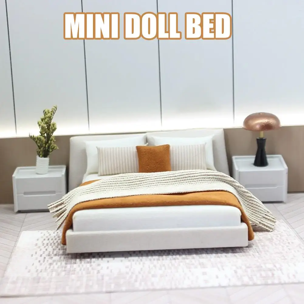 Cama doble y ropa de cama en miniatura para dormitorio, muebles de estilo crema, decoración en miniatura O6m3