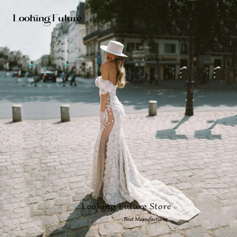 カスタムメイドの豪華なアイボリーマーメイドウェディングドレス、レースアップリケ、オフショルダーブライダルガウン、イリュージョンVネック、オープンバック、ロングトレーン