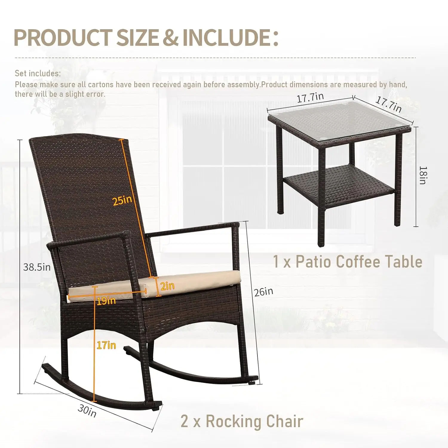 Outdoor Rocking Chair 3 Pieces High-Backed Rocking Chair Patio Rocking Chairs Outdoor Table, Khaki, Customized