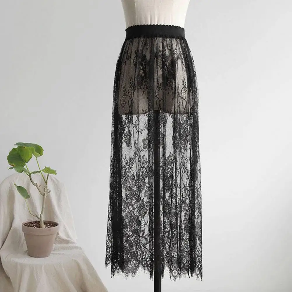 1 Length Elegant Black Skirt White Lace Transparent Long Tulle Skirt Ladies Elastic High Waist Beach Midi Skirt Drop shipping