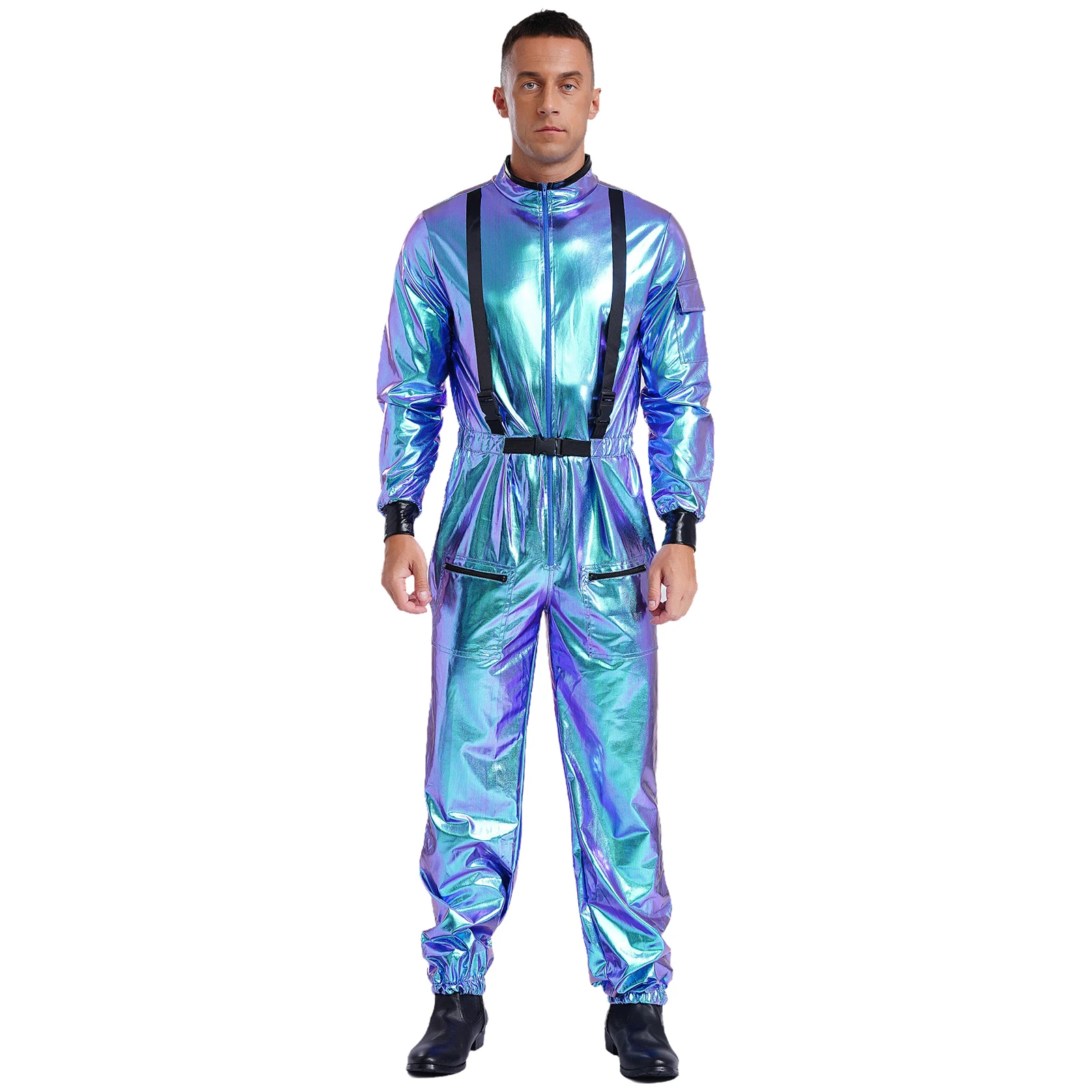 

Mens Astronaut Role Play Outfit Halloween Space Costume Metallic Shiny Leotard Mock Neck Long Sleeve Jumpsuits Zipper Bodysuit