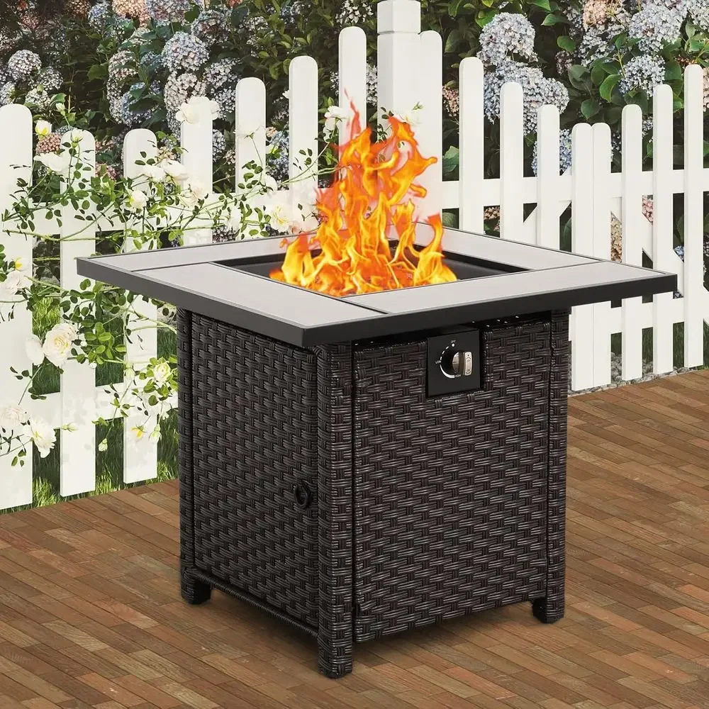 30 Inch Outdoor Wicker Gas Fire Pit Table with Woodgrain Marble Top and Blue Crystal Beads Cover