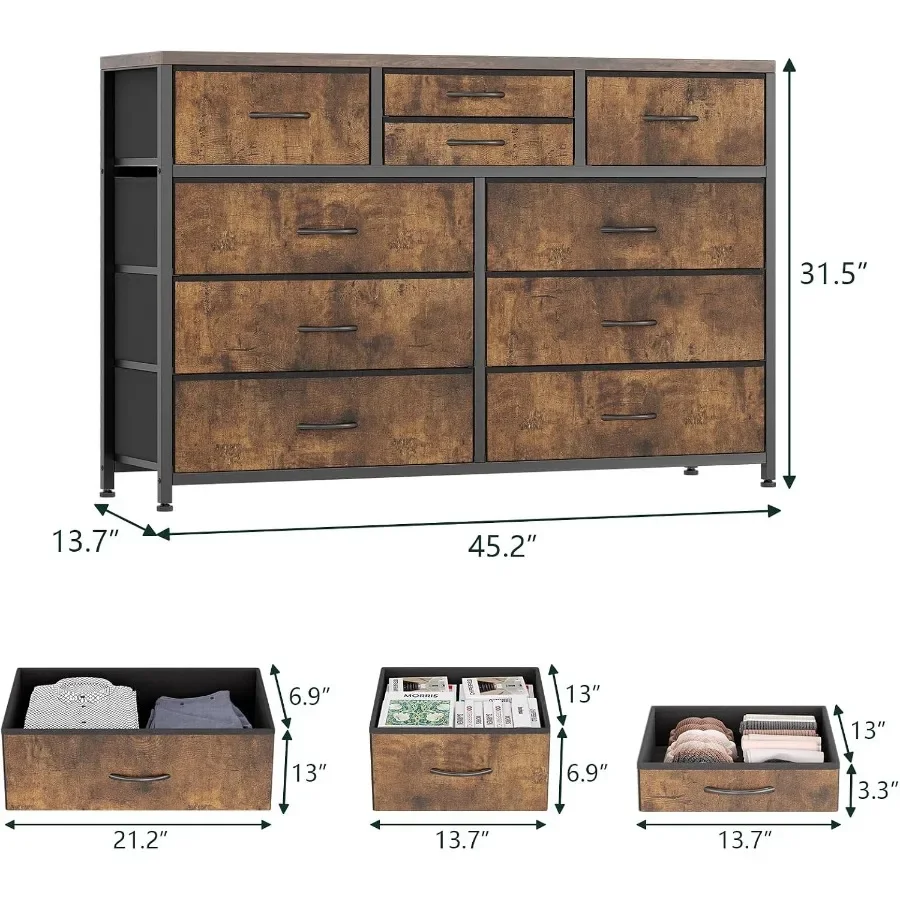 TV Stand for Bedroom, 45 L Mid Century Modern Entertainment Unit with 10 Fabric Storage Drawers, Brown
