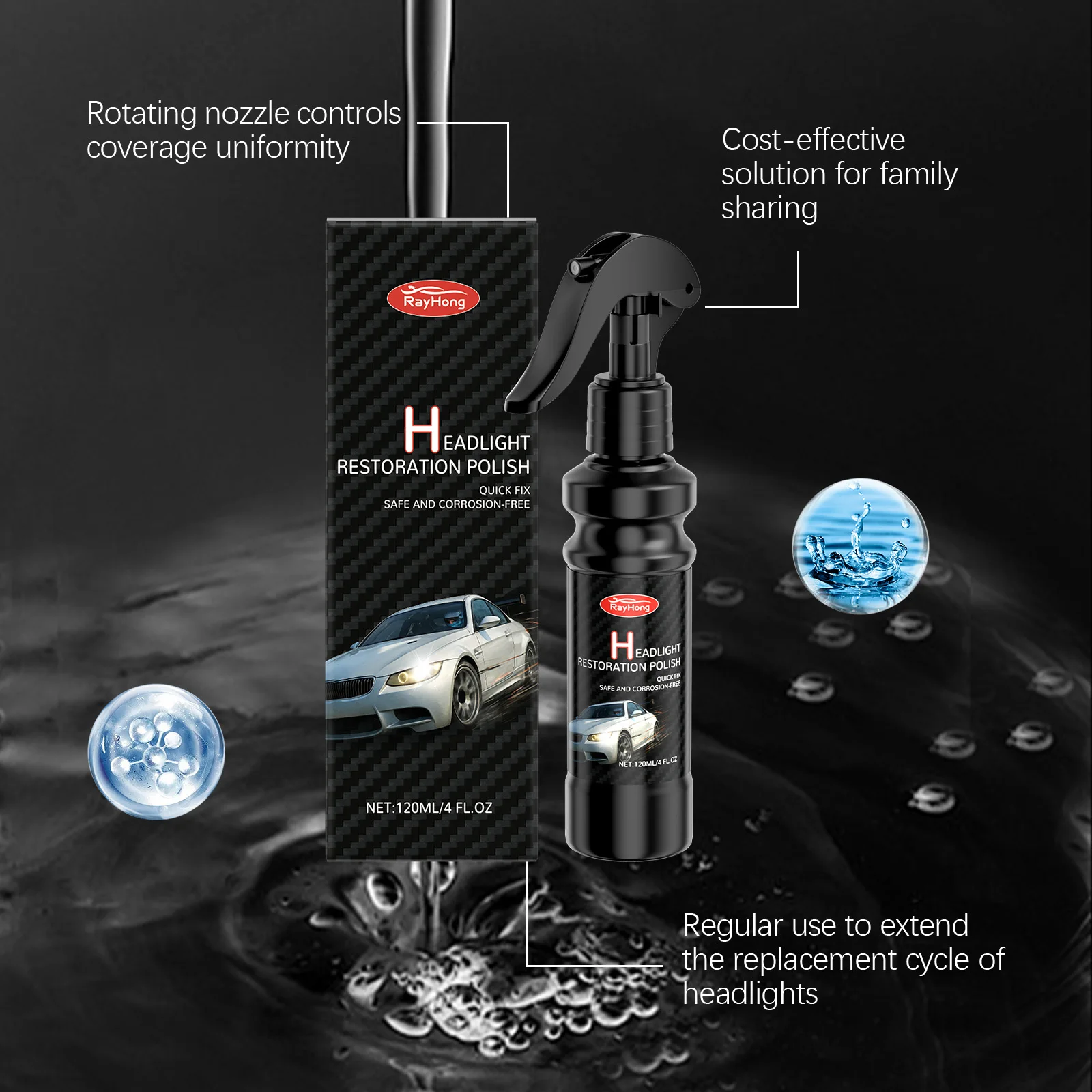 رذاذ Rayhong للعناية بمصباح السيارة الأمامي سعة 120 مل - معزز للشفافة ومقاوم للماء ومضاد للضباب - عاكس الضوء البلاستيكي/الزجاجي المتوافق #2