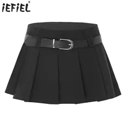 Womens Pleated Mini Skirt with Waist Belt Side Zipper Solid Color JK Skirt with Safety Shorts for Daily Wear Shopping Vacation