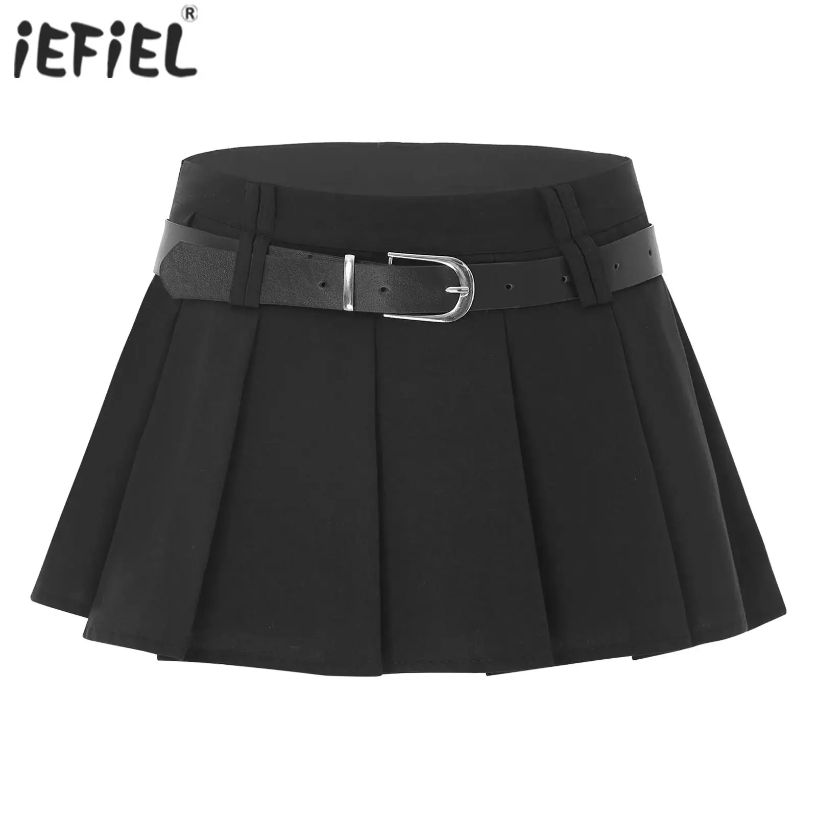 Womens Pleated Mini Skirt with Waist Belt Side Zipper Solid Color JK Skirt with Safety Shorts for Daily Wear Shopping Vacation