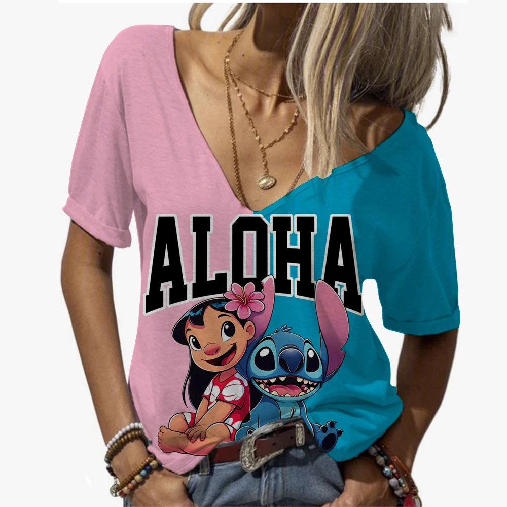 

Summer New Disney Stitch Printed Women's T-shirts Plus Size V-Neck Top Blouse Design Female Shirt Women's Clothing Oversized