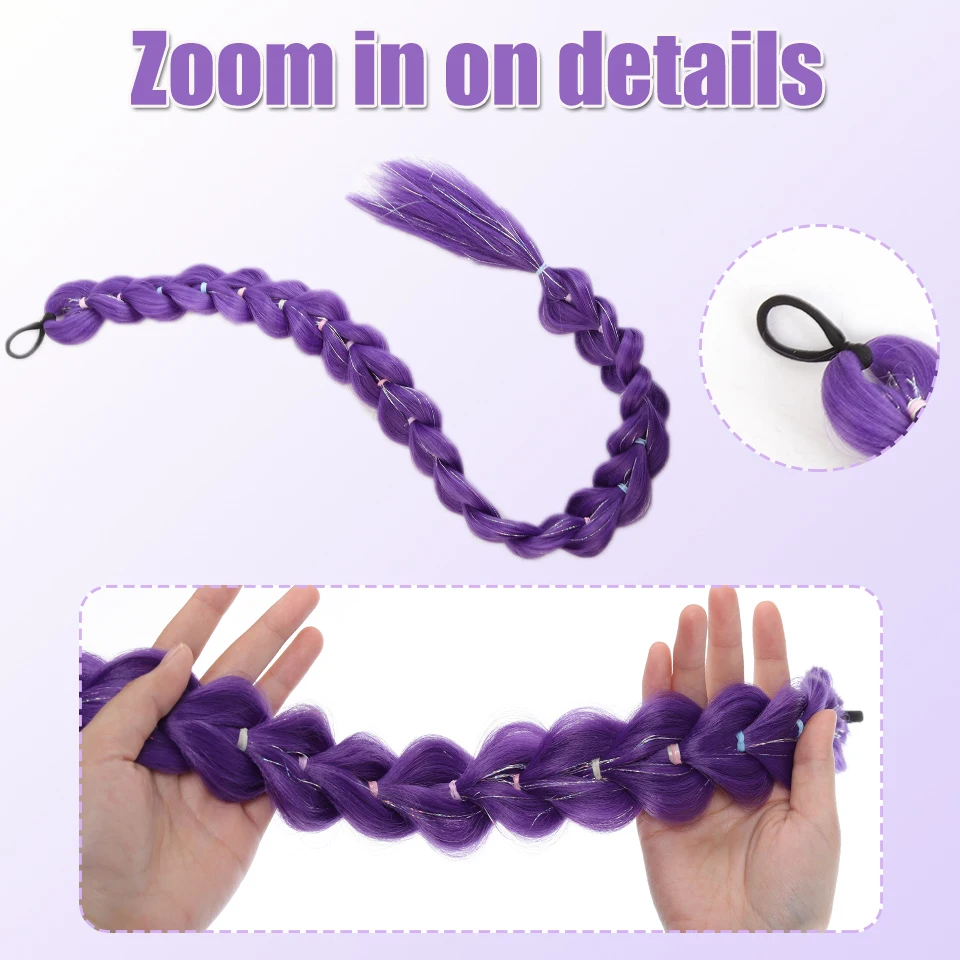 Cola de caballo trenzada sintética morada de 32 pulgadas con brillantina, extensión súper brillante para niños, cosplay de Navidad 3