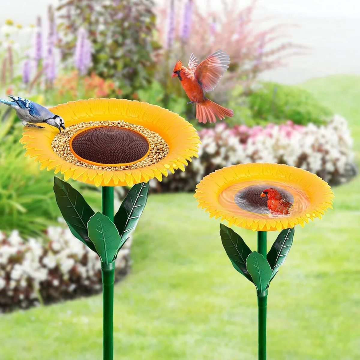 

Sunflower Bird Feeder and Bath Set, Outdoor Garden Decor, Stake, Flower-Shaped Feeding Tray, Perfect for Wild Bird Watching