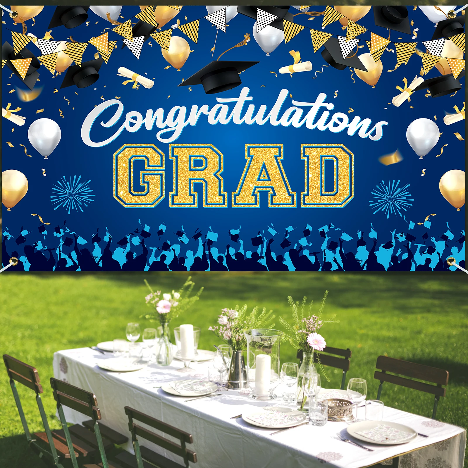 Congrats Grad Banner Backdrop Decor Set for Graduation Party Supplies Black and Gold Graduation Banner