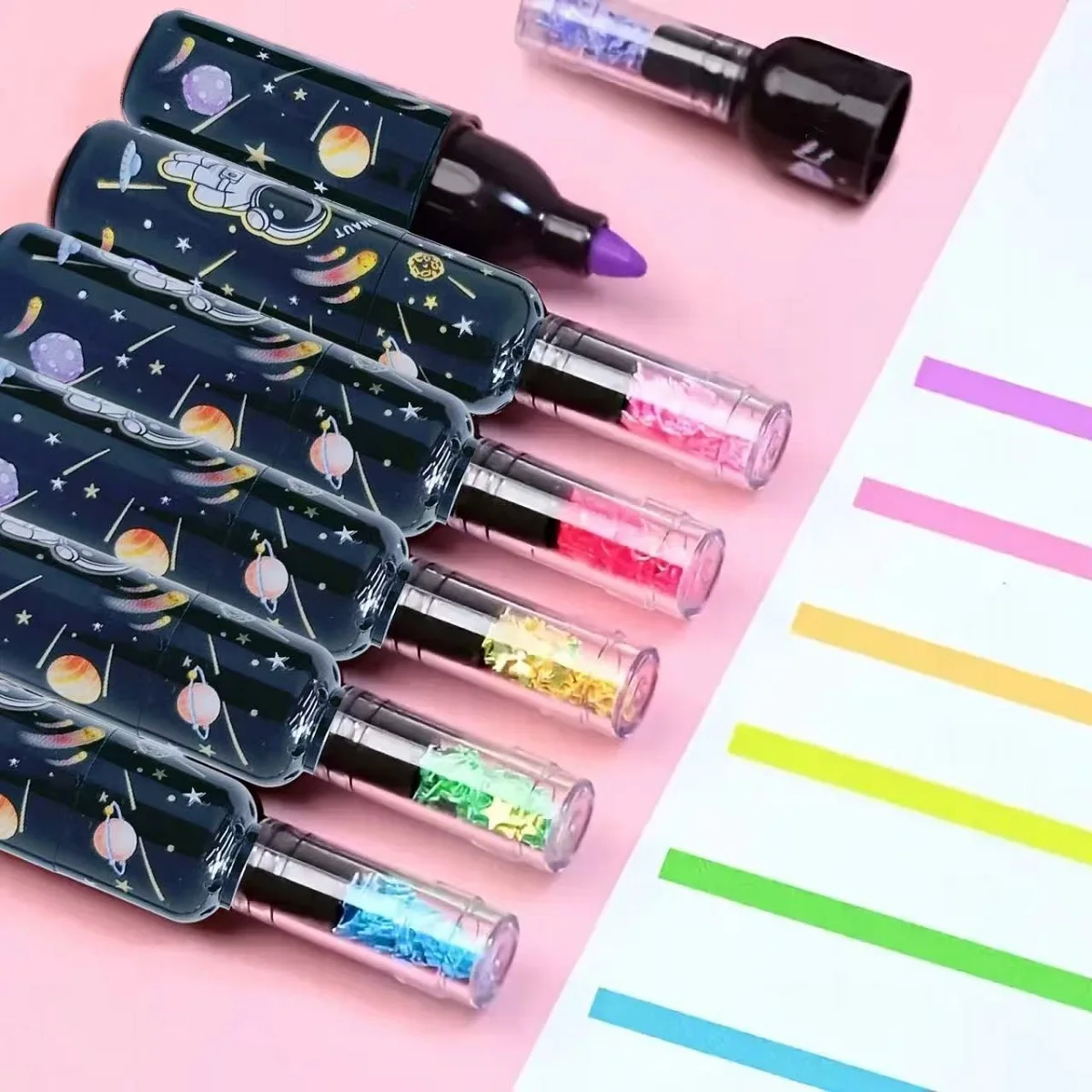 6pcs/set Cute Planet Wine Bottle Mini Fluorescent Highlighter Marker Pen, Drawing Writing Tool, Office Back-to-School Season