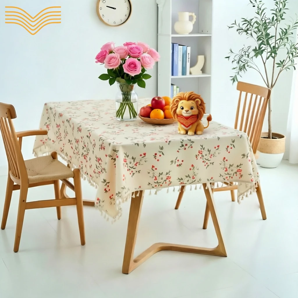 Fresh Floral Leaf Printed Tassel Tablecloth Decor Table Cloth For Table&Desk TPU Table Cover Waterproof Oilproof Heat Resistant