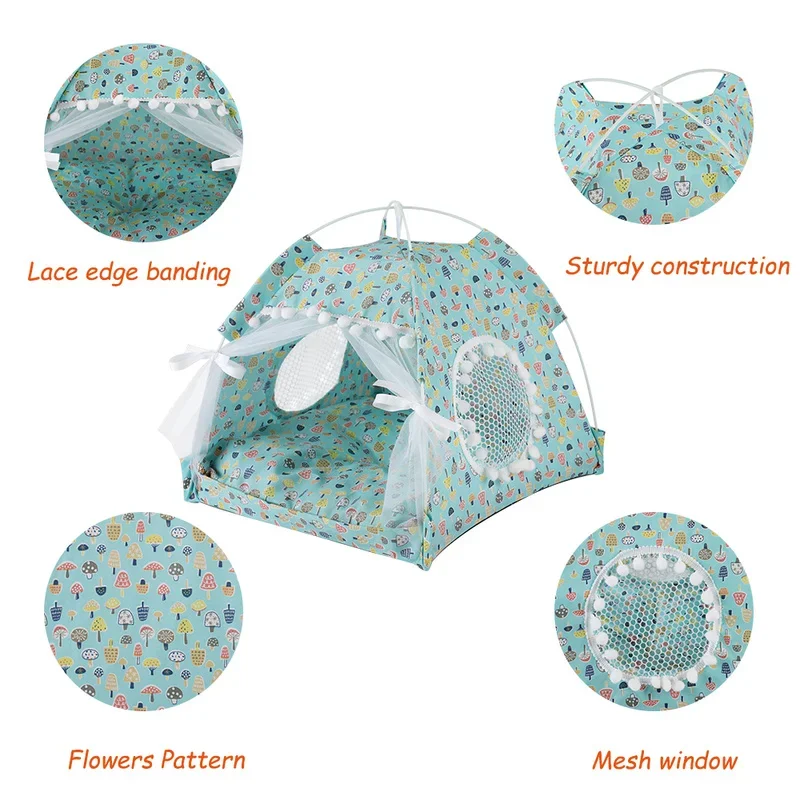 Pet Dog Tent Portable Cute Pattern Cat House Pet Small Dog Bed Breathable Thick Cushion Pet Hut Outdoor Indoor Pet Bed Supplies