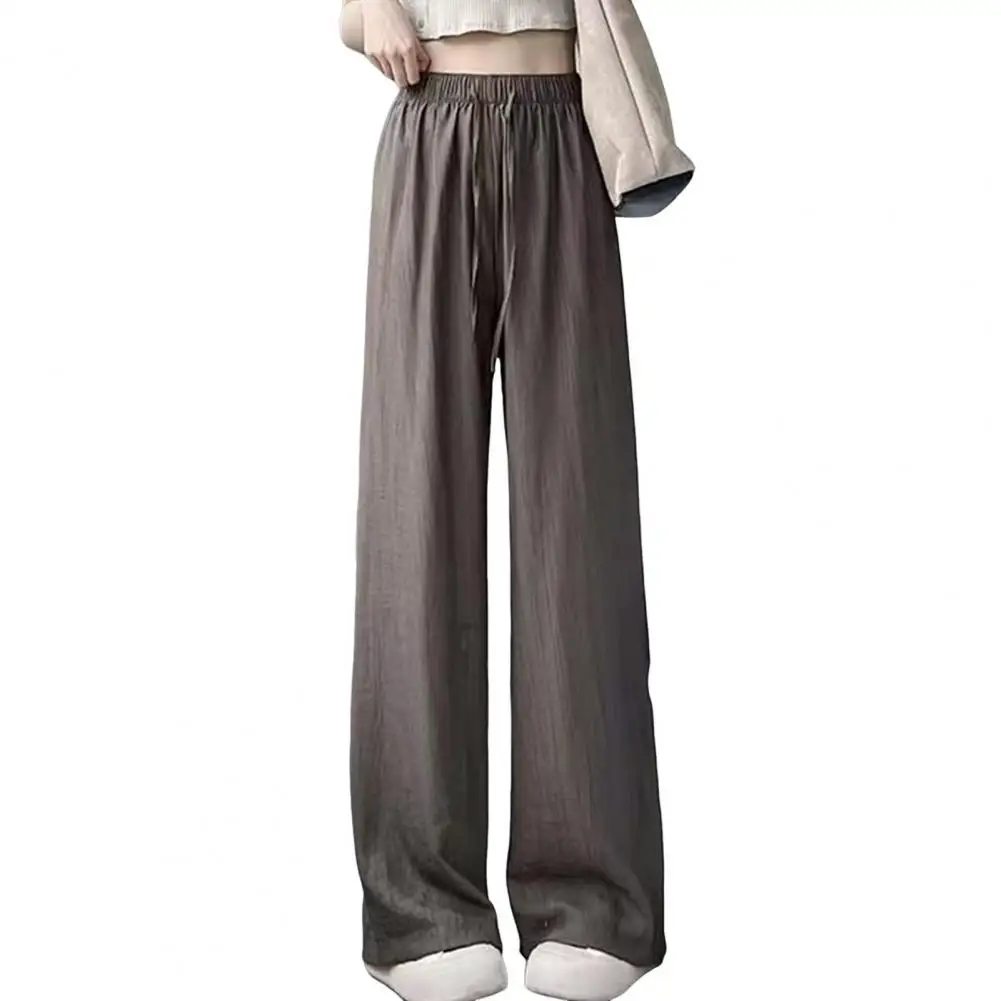 Women Casual Pants Elastic High Waist Adjustable Drawstring Casual Trousers Solid Color Straight Wide Leg Ice Silk Long Pants