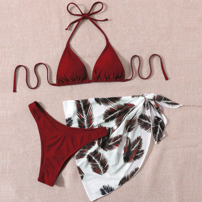 Badmode Vrouwen Badpak Bikini 2024 Nieuwe Drie Stukken Bladeren Print String Badpak Dames Zomer Bikini Set Met Strand Rok