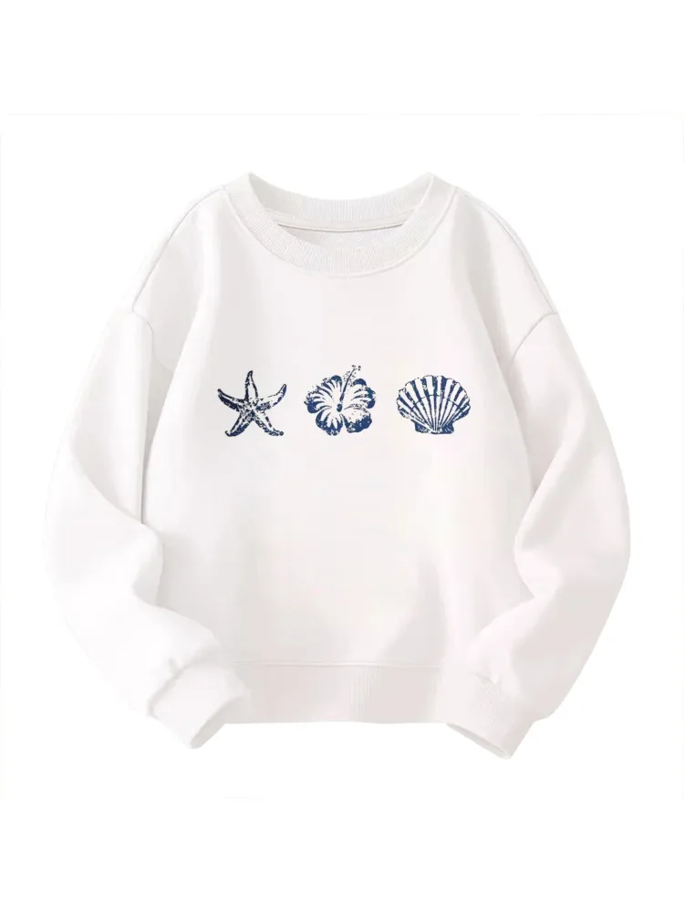 

Детский свитшот с круглым вырезом — белый пуловер с морской графикой «Морская звезда, гибискус и морская ракушка», повседневный стиль Coastal Vibes