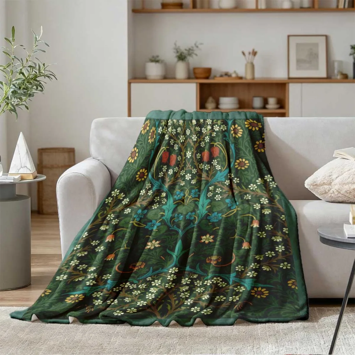 Vintage Dark Green Botanical Vine Throw Blanket, Elegant Retro Symmetric Flower Warm Blanket for Couch Trip Household Cottage