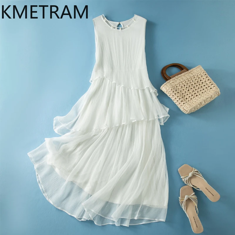 

KMETRAM 100% Real Mulberry Silk Tank Dresses for Women Elegant Long Dress Summer Vacation Frocks Woman Clothes 2026 ropa mujer