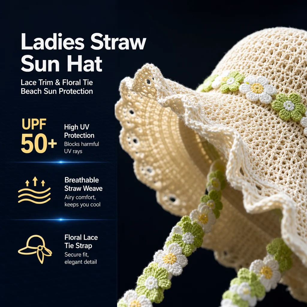 Straw Hat Lace Trim Adjustable Tie Breathable UV Protection Wide Brim Beach Vacation Travel Women Ladies One Size 56-58cm