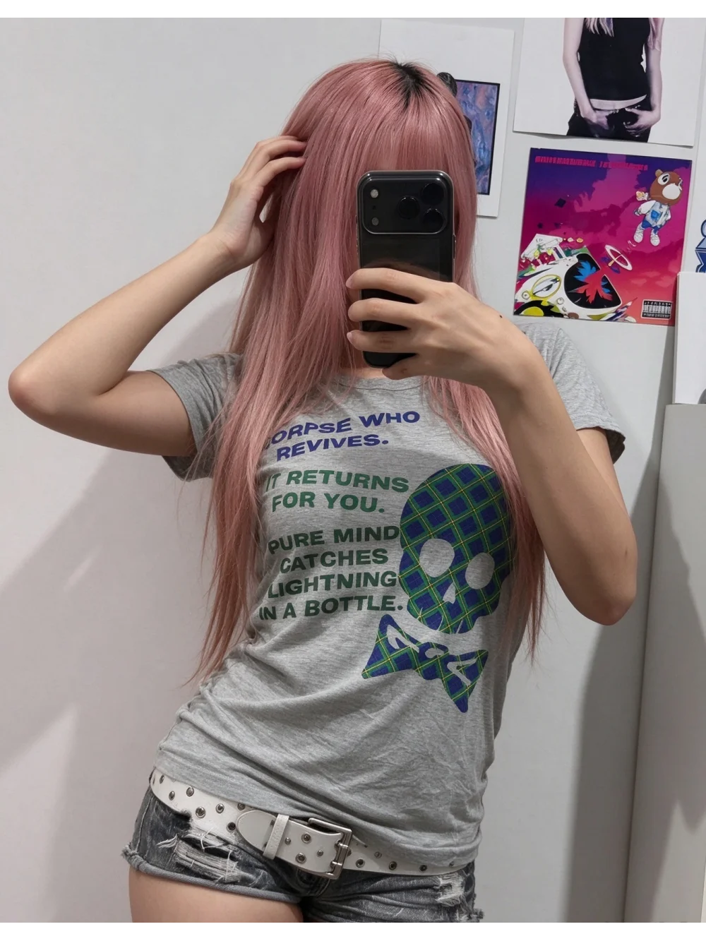 New summer retro punk hot girl top with blue-green checkered skull tie, letter pattern, street casual trend, niche and versatile