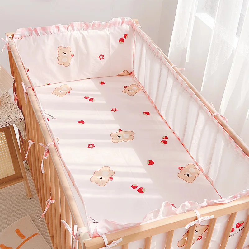 

5Pcs Newborn Infant Toddlers Baby Crib Bumper Set Flat Bed Sheet Cotton Cartoon Print Breathable Mesh Craddle Reducer Fence Side