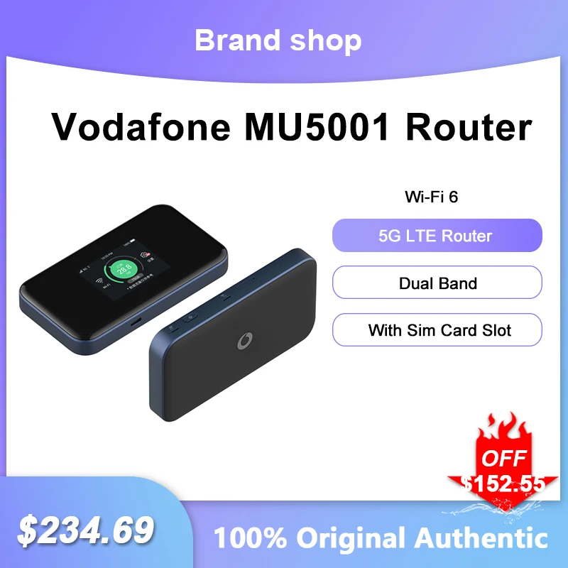 

Unlocked Vodafone MU5001 Pocket Router 5G Dual Band WiFi 6 Outdoor Hotspot Modem With Sim Card Slot Repeater 4500mAh Battery