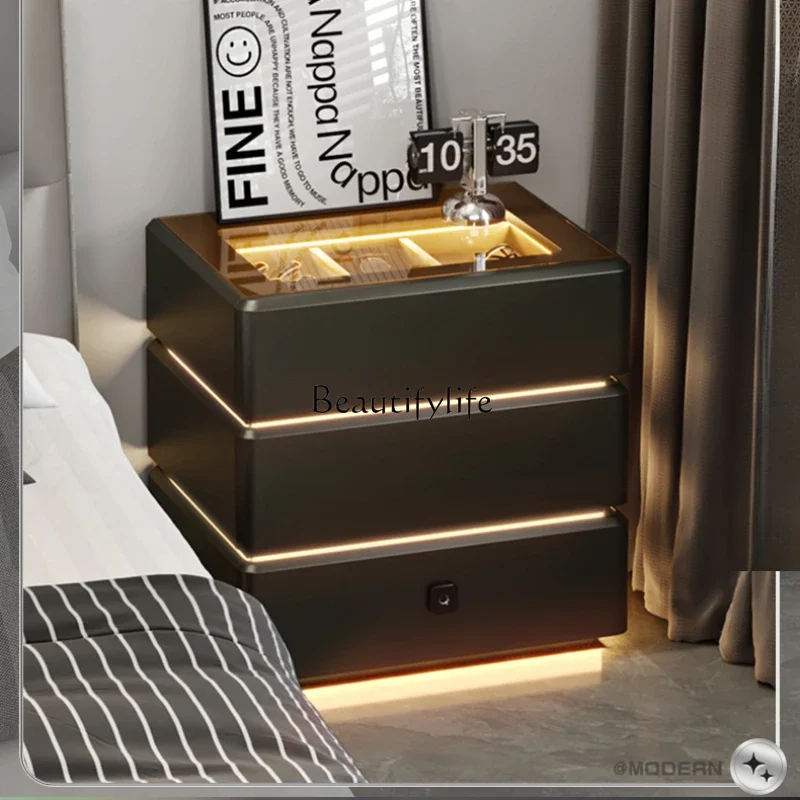 Smart bedside table, desk lamp, integrated with lock, safe, light luxury, advanced floor-to-ceiling suspended bedside storage